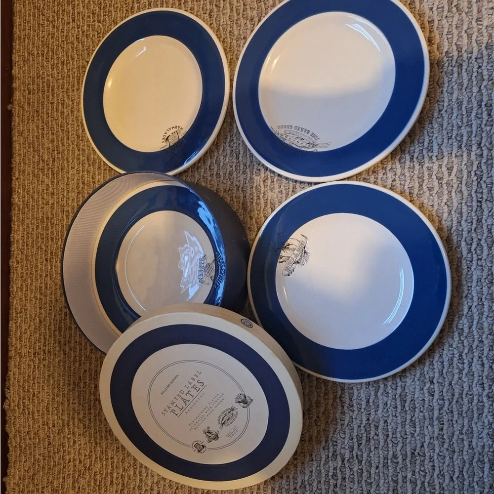 England Williams-Sonoma Blue Rim Stamped Plates - Set of Four Vintage Food Marks